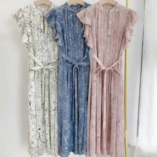 2021 Summer Fashion High Waist Hip Vestidos Elegant Stand Collar Print Pleated Robe Chic Flying Sleeve Drawstring Woman Dress