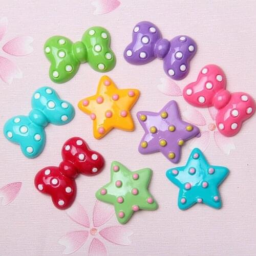 10pcs/Lot Kawaii Polka Dots Ribbon Knot Bow Star Resin Cabochon Flatback Ornament Accessories Button Patch Sticker Hair Clip DIY