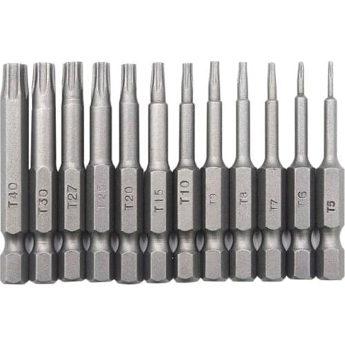 12 Pcs 50mm 1/4 Inch Hex Shank T5-T40 Torx Head Screw Driver Bits Set Electric Screwdriver Tools