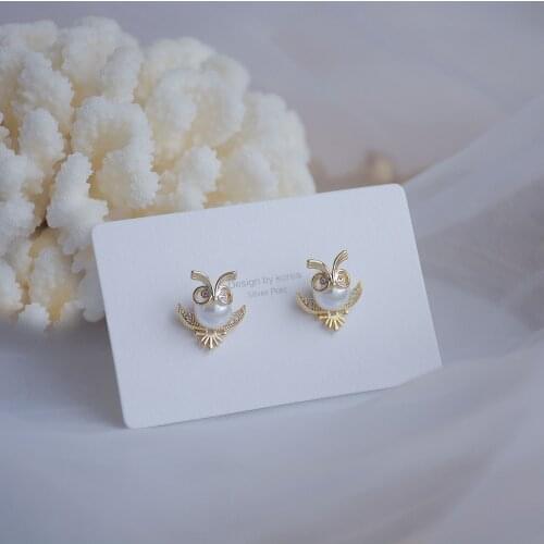 14k Real Gold Plated Fashion Jewelry Crystal Pearl Cute Owl Exquisite Stud Earrings for Woman Holiday Party Elegant Earring