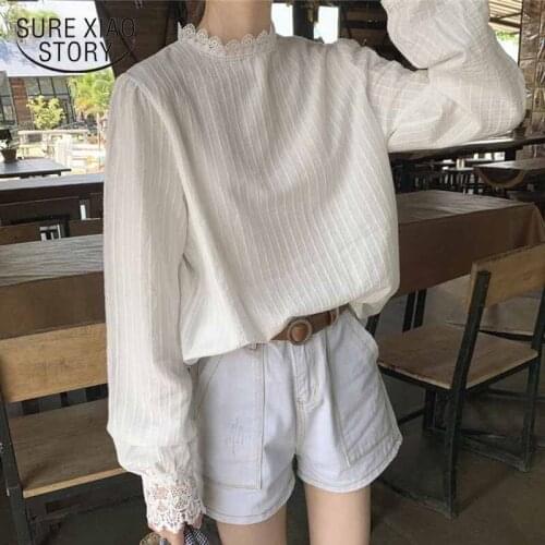 2021 White Blouse Women Striped Shirt Lady Tops Autumn Cotton Lace Shirt for Women Casual Long Sleeve Korean Pullover 10912