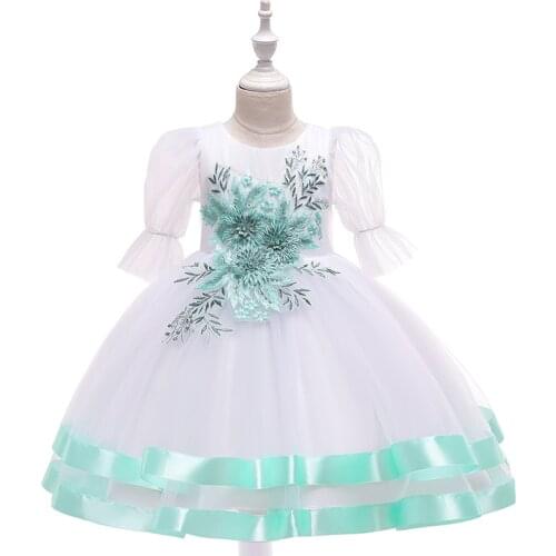 2021 New Mesh Embroidered Princess Dress Bubble Sleeve Flower Wedding Dress Piano Table Performance Dress