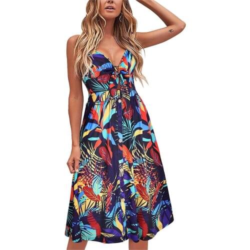 4# Bohemian Summer Dress 2021 Womens Beach Floral Print Sling V-neck Lace Pocket Sundress Low-cut Spaghetti Strap Vintage Dress