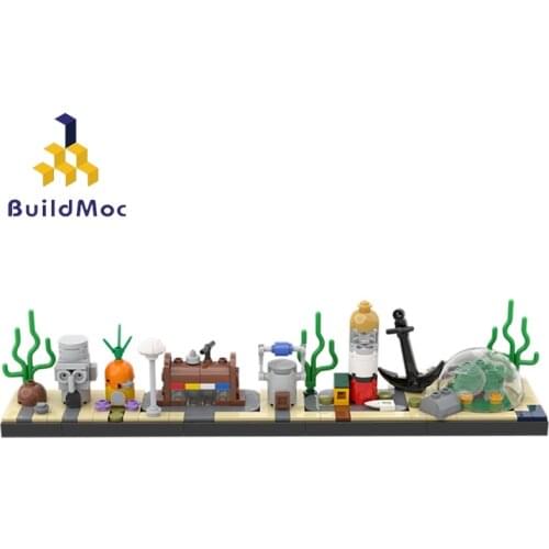 BuildMoc Cartoon Movie Sponge Baby SquarePants City Skyline Architecture Krusty Krab Patrick-Stars House Building Blocks Toys
