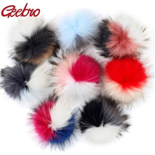 Geebro 15cm Raccoon Pompom triple color Patchwork DIY Fluffy Fur Balls for kids children Knit Hat Beanies woman Knitted Scarves