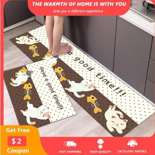 Cartoon Cat Long Kitchen Mats Bedroom Bathroom Belcony Floor Area Rugs Anti-slip Washable Carpets Absorbent Entrance Doormats