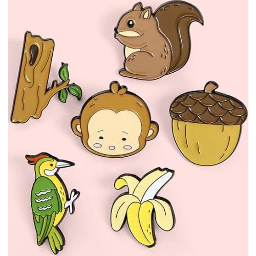 Forest Animal Enamel Pins Squirrel Woodpecker Monkey Brooches Wild Animals Badges Hat Bag Backpack Accessories Gifts for Kids