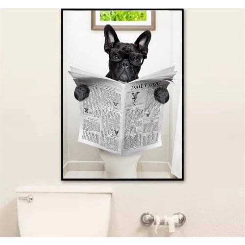 Modern Toilet Dog Newspaper Canvas Painting Animal Poster Funny Dog Nordic Shower Room Picture Kids Room Bathroom Decor Decor