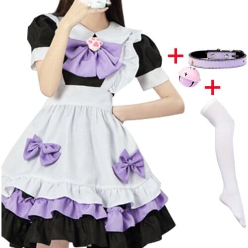 Anime Cat Maid Lolita Cosplay Costume Pink Dress Cat Claw Maid Bow Includes Bell Collar White Stockings Adult ladys Long Skirt