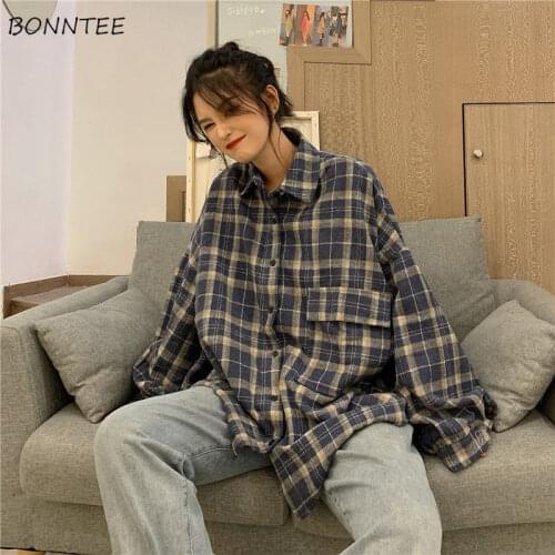 Oversized Jackets Women Retro Thicker Plaid Ins Bat Sleeved Korean Chic Teens Outwear All-match Fall Vintage Ladies Coats Street