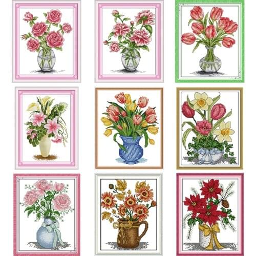 Rose tulip vase series DMC cross stitch kit 11CT14CT count cross stitch embroidery needlework DIY embroidery kit home decoration