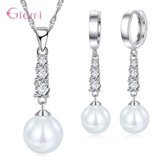 925 Sterling Silver Cubic Zirconia Pearl Dangle Earring Pendant Necklace Jewelry Sets for Women Girl Fashion Trendy Jewellry
