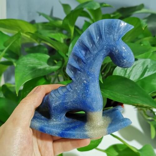 Natural Hand Crafts Lovely Blue Aventurine Wooden Horse Crystal Carving For Home Decoration LJ