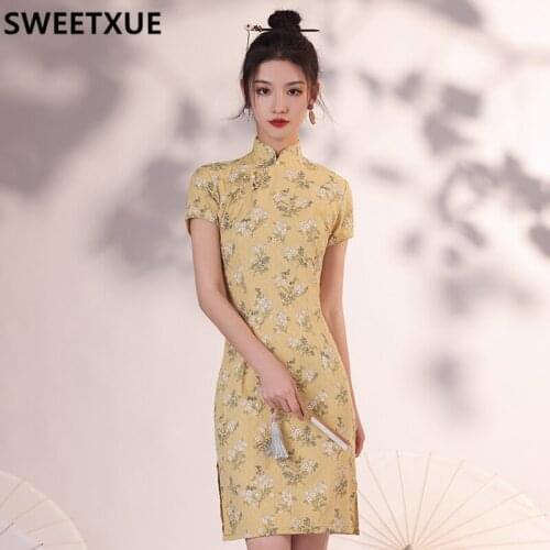 SWEETXUE 2021 New Cheongsam Summer Young Improved Dress Yellow Fashion Printing Comfortable Chic Slim Women Dress