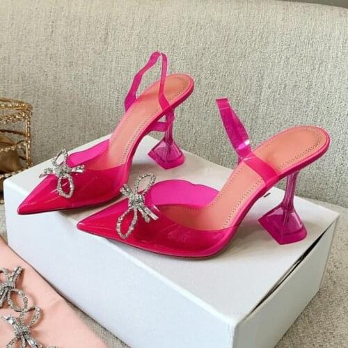 Hot Pink Summer PVC Party Shoes Elegant Cup Heel Crystal Bowtie Shoes Summer Ankle Strap Pointy Sandals Wedding Shoes Women