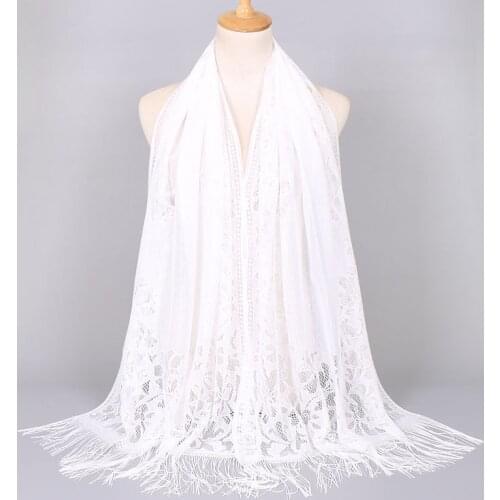 Women Elegant luxury Thin Shawls Silk Satin For Ladies Muslim Islamic Tassel Lace Hollow Long Hijab Scarf Shawl Wrap Stole