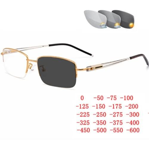 Sun Photochromic Semi-Rimless Square Myopia Glasses Finished Unisex Metal Steampunk Prescription Spectacles 0 -0.5 -0.75 To -6.0