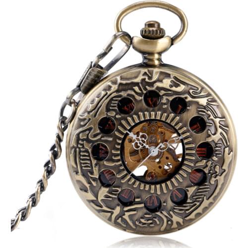 Special Bronze Mechanical Pocket Watch Roman Number Half Hunter Fob Watches Hole Watch Men Steampunk Skeleton Relogio De Bolso