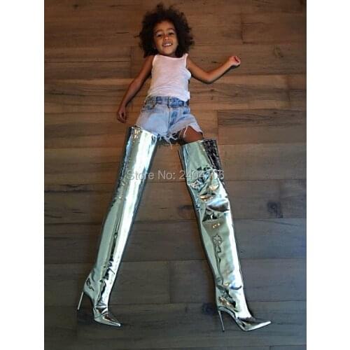 Kim Kardashian Fetish Runway Shoes Stiletto High Heels Thigh High Botas Gold Silver Metallic Mirror Leather Over The Knee Boots
