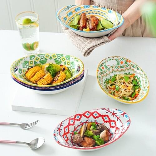 Bohemian Ceramic Bowl 9 Inch Double Ear Yuanbao Bowl Salad Bowl Microwave Oven Rice Roasting Bowl Ceramic Cutlery