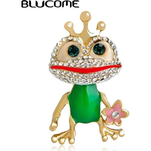 Blucome Fashion Animal Crown Frog Shape Brooch Crystal Green Enamel Pins Women Party Clothing Bag Hat Accessories
