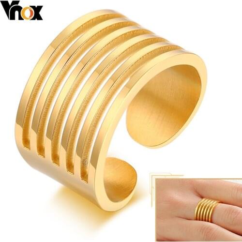 Vnox 12mm Wide Open Ring for Women, Gold Color Stainless Steel Hollow Wedding Band for Lady, Punk Chic Minimalist Metal Jewelry