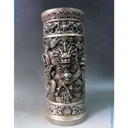 10" China silver carved nine dragon play bead Exquisite Brush Pot Statue