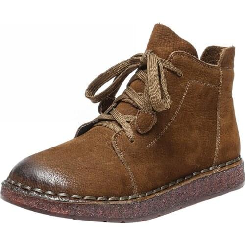 2020 Retro Handmade Womens Genuine Leather Shoes Women Ankle Boots Female Autumn Shoes Zip Flat With Fur