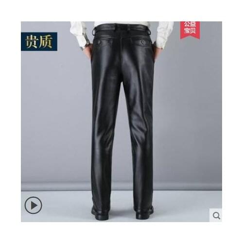 Plus velvet thick leather pants mens feet pants fashion High waist motorcycle pu trousers men personality loose pantalon homme