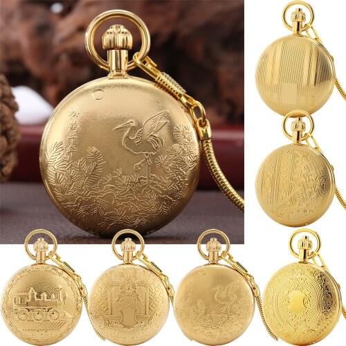 Luxury Gold Copper Automatic Mechanical Pocket Watch Exquisite Full Hunter Engraved Pattern Pendant Antique Self Winding Clock