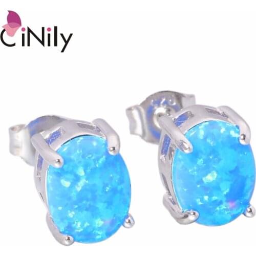 CiNily Blue & White Fire Opal Stone Stud Earrings 925 Sterling Silver Authentic Pure Silver Oval Round Earring Gifts Women Girls