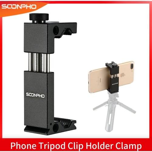 SOONPHO Phone Tripod Mount Aluminum Metal Smart Phone Tripod Clip Holder Clamp Adapter for iPhone XS 8plus X Samsung Huawei