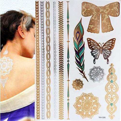 Flash Boho Metallic Gold Flash Colorful Waterproof Temporary Tattoo Silver Butterfly Feather Henna For body Art