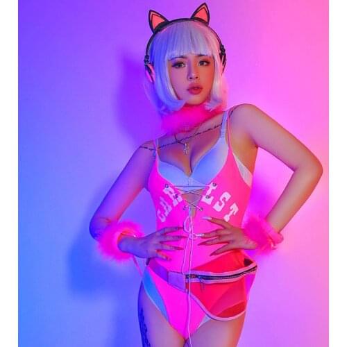 Fluorescent Pink Gogo Dance Costume Jazz Clothing Performance Stage Wear Sexy Outfit Female DJ Outfit Pole Dance Clothes BL5446