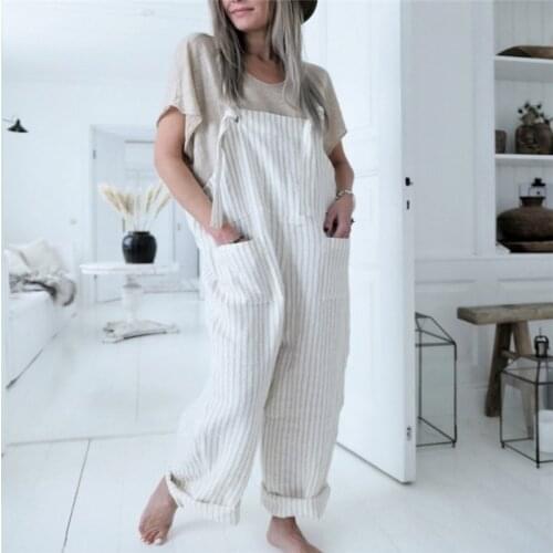 Women Summer Harajuku Sleeveless Linene and Cotton Stripe Jumpsuits 2020 Fashion Ladies Streert Casual Holiday Romper Plus Size