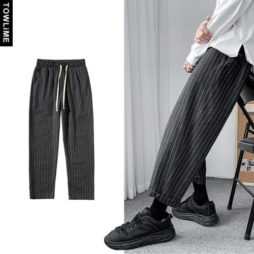 Korean Streetwear Mens Striped Harem Pants 2021 Hip Hop Man Casual Loose Trousers Japanese Couple Black Gray Pants Plus Size
