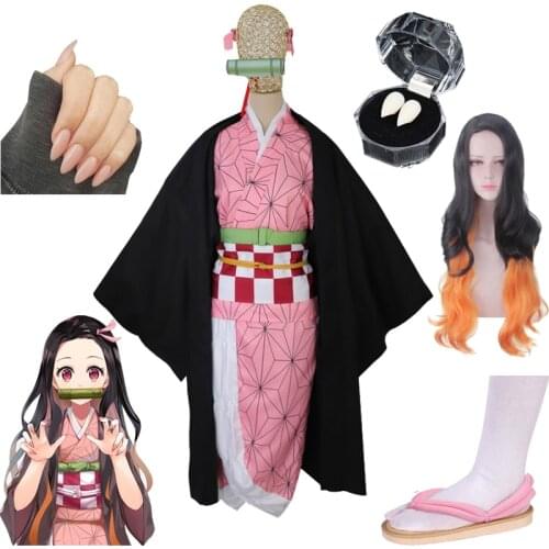 Anime Demon Slayer: Kimetsu no Yaiba Cosplay Costume Kamado Nezuko Japanese Kimono Woman costume Anime things Nail Art Dentures