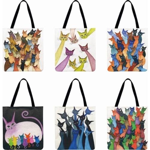 Cute Whimsical Cat Printed Tote Bag Linen Febric Casual Tote Foldable Shopping Bag Reusable Beach Bag Women Shoulder Bag