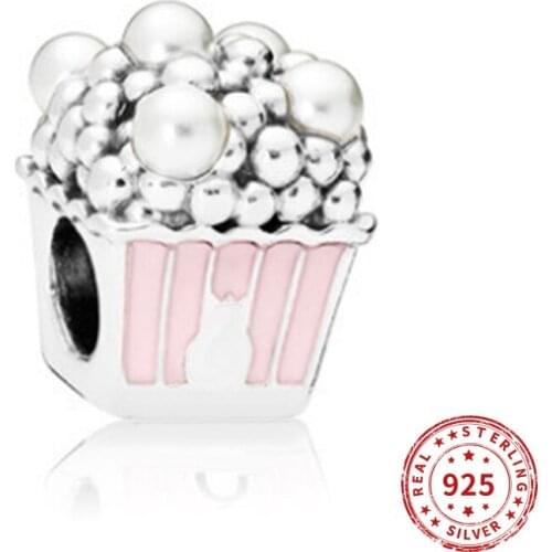 Real 925 sterling silver Beads Pink Popcorn Enamel Charm Beads Suitable fit Original Pandora Bracelet Jewelry 2021