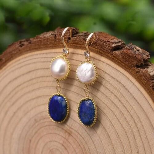 Natural Fresh Water Baroque Pearl Lapis Lazuli Dangle Drop Earrings for Women Girls Wedding Party Fashion Luxury Jewelry Gifts