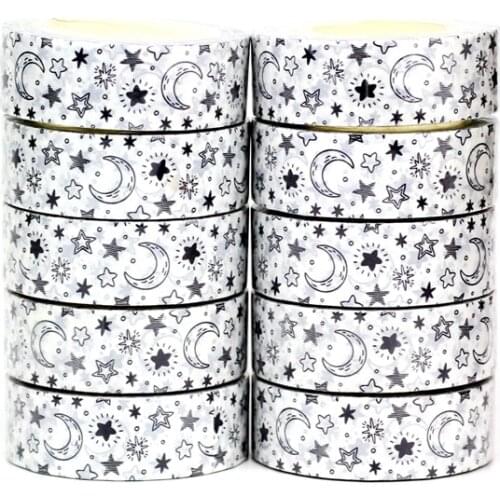 NEW 10pcs/Lot Decorative Cute Black and White Moon and Stars Washi Tapes Bullet Journal Adhesive Masking Tape Papeleria