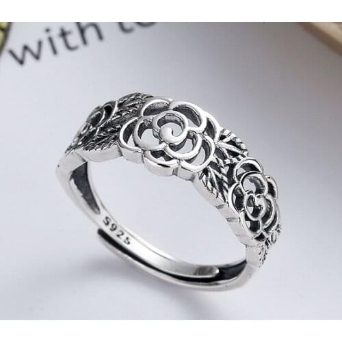 New Korean Fashion Rose Pattern Vintage Flower Resizable Rings for Women Men Gothic Punk Luxury Jewelry Halloween Wedding Gifts