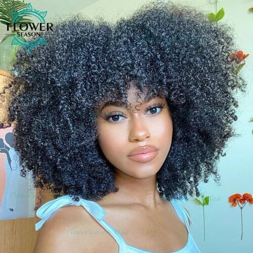 Bang Wig With Bangs Afro Kinky Curly Wig Human Hair Remy Brazilian O Scalp Top Full Machine Made Wig 20" 200% FlowerSeason