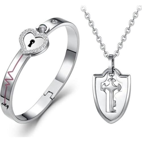 Couple Lovers Puzzle Jewelry Gift Titanium Steel Love Heart Lock Bangle + Key Pendant Necklace Set