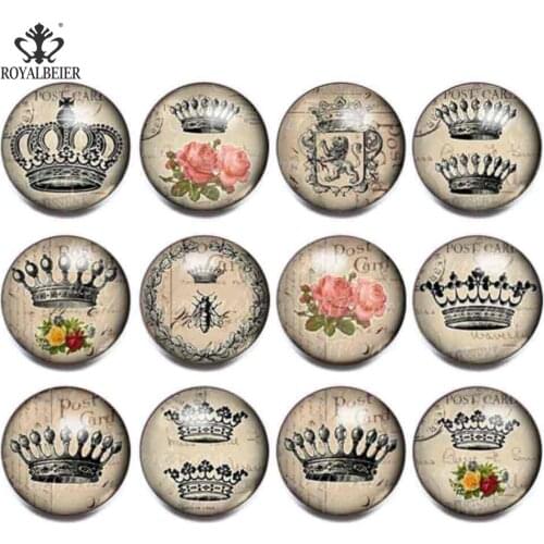 RoyalBeier 12pcs/Lot Vintage Flower Crown Snap Buttons 18mm Cabochon Glass Snaps Fit DIY Bracelets For Charm Jewelry Bijoux