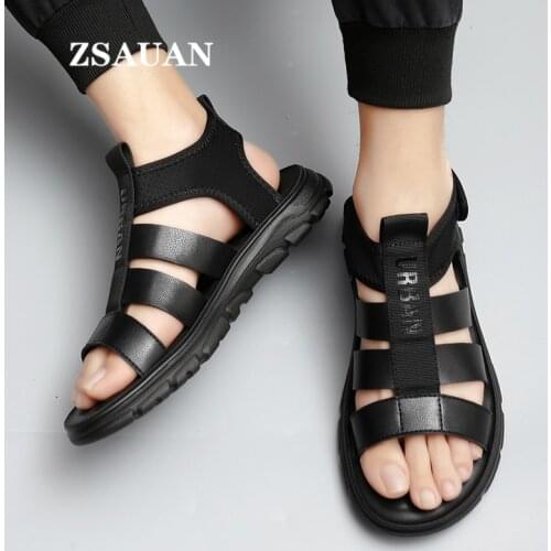 ZSAUAN Casual FASHION Men Sandals Roman Style Black Summer Young Men Boy Shoes Webbing Soft Genuine Leather Men Sandals Trendy