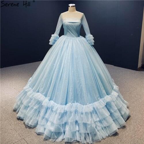 Blue High-end O-Neck Sexy Wedding Dresses 2020 Long Sleeve Ruched Tiered Bride Gowns Serene Hill HA2316 Custom Made