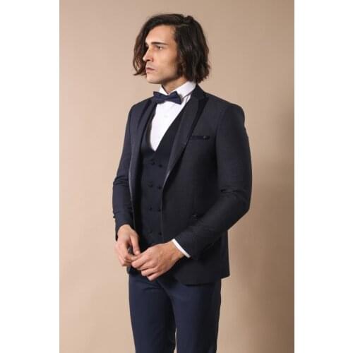 Dot Patterned Vested Dark Blue Wedding Suit Wessi
