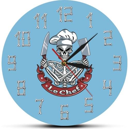 Funny Le Chef Skeleton Cooking Modern Acrylic Wall Clock Skull with Chef Hat and Knife Restaurant Kitchen Decor Gift For Chef