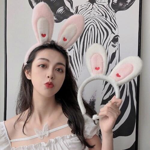 Women Lovely Rabbit Ears Plush Headband Girls Heart Embroidery Bunny Animal Hair Hoop Wash Face Makeup Bathroom Party Headpiece